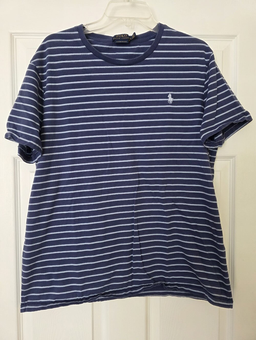 Mens Polo by Ralph Lauren Navy & White Striped Crewneck T-Shirt Size XL Slim Fit